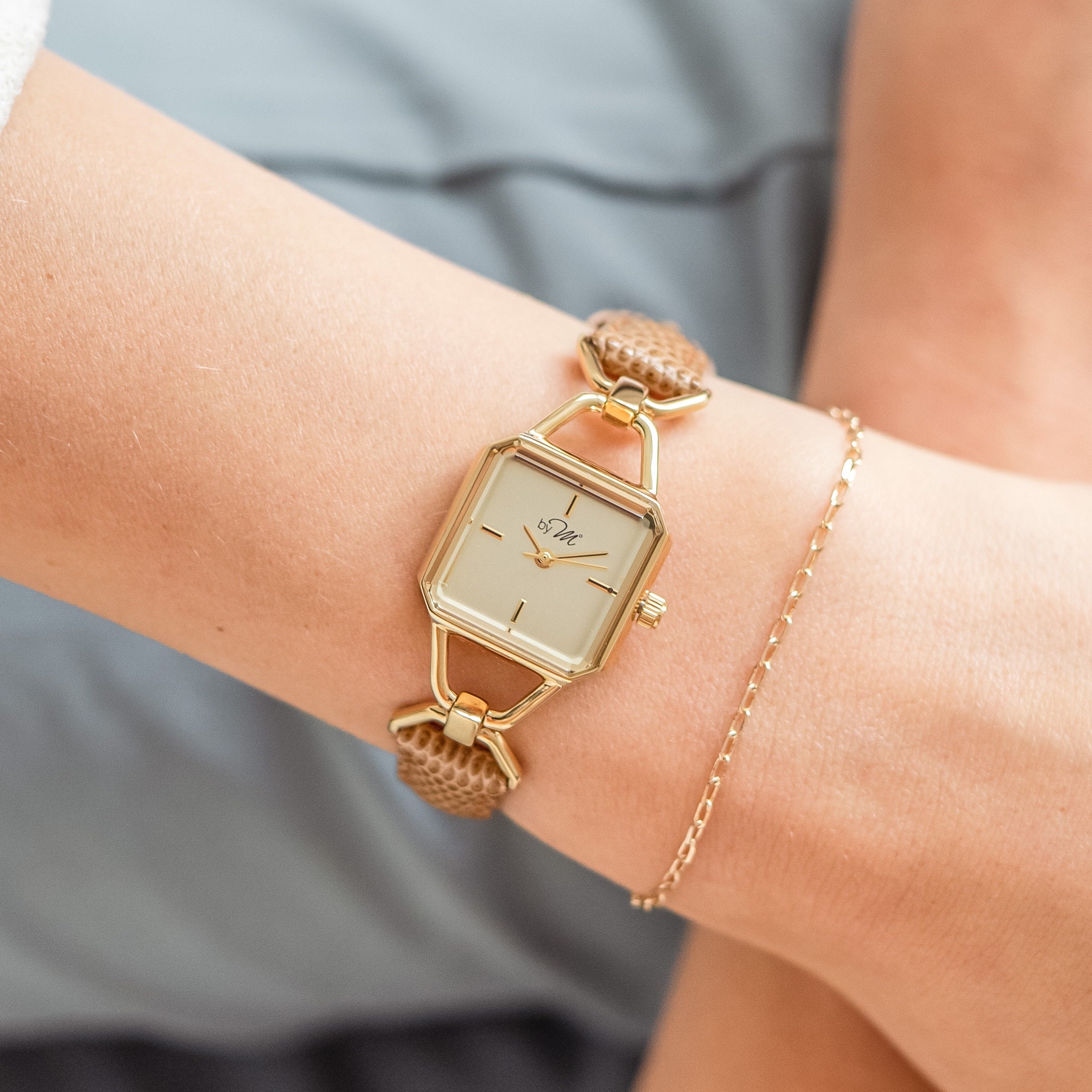 Leather Watches for Women Gold or Silver Small Square Watch Light Brown Leather Strap Vintage Design BY M DEGREES