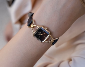 Women's Square Watch, Black Leather Strap, Gold or Silver Dial, Minimalist