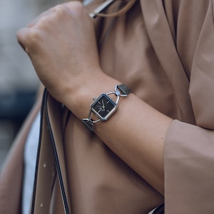 Women's Square Silver Watch - Black Square Leather, Grey Strap, Vintage Style Accessory