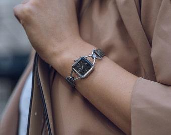 Women's Square Silver Watch - Black Square Leather, Grey Strap, Vintage Style Accessory