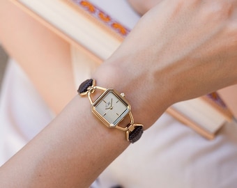 Square Women's Watch, Gold Dial, Black Leather Strap, Petite Dress Watch, Minimalist Design