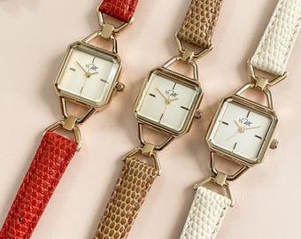 Vintage Style Women's Square Watch, Gold Dial, Leather Strap, Cut Glass