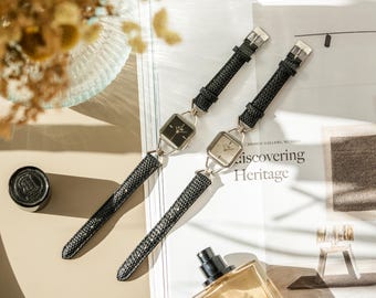 Sku:0152 vintage vibe retro silver black mini watch black leather strap+gift bag Square Black Leather Strap Watch, Silver Case, Minimalist  main image 2