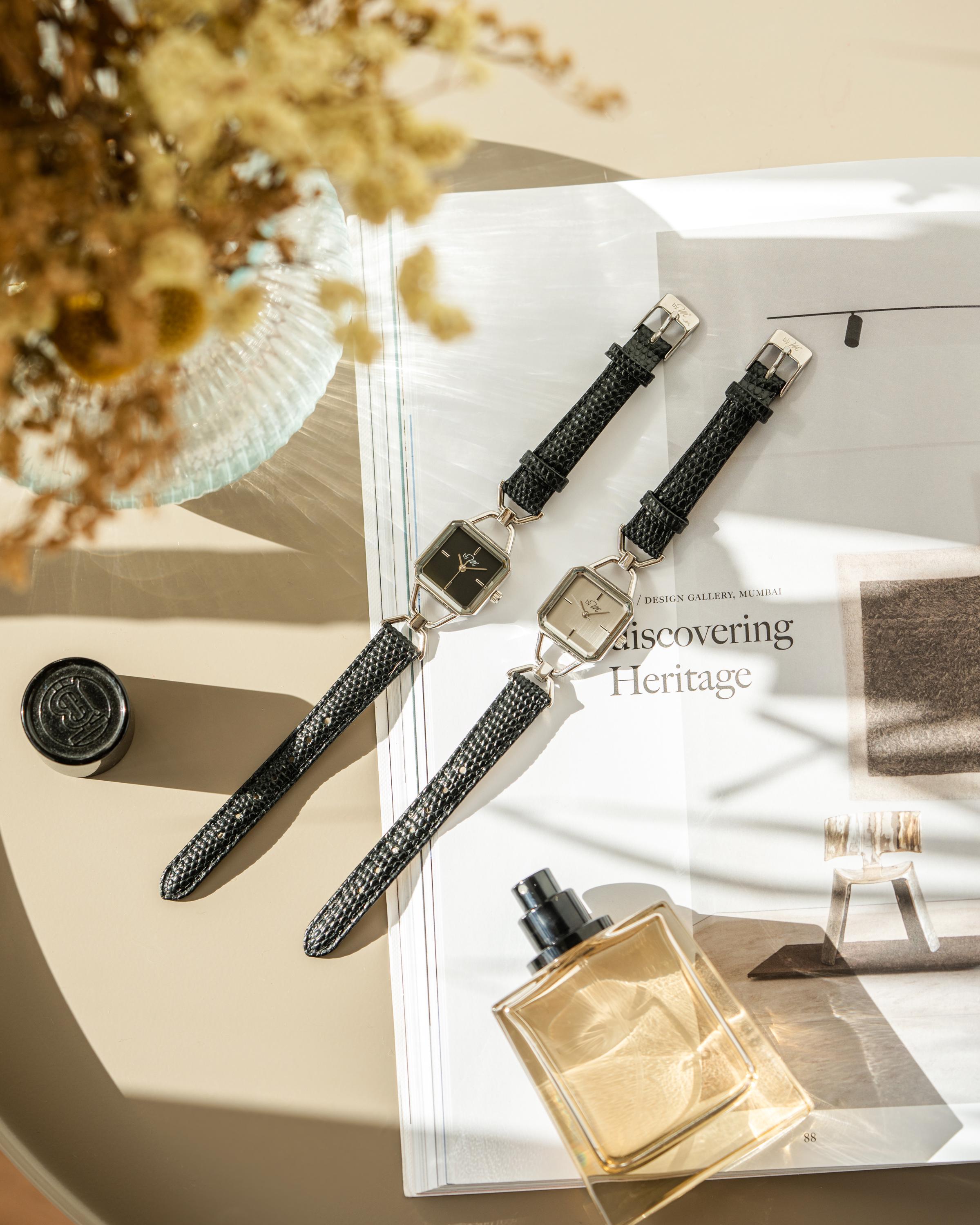 Square Black Leather Strap Watch, Silver Case, Minimalist  display picture 2