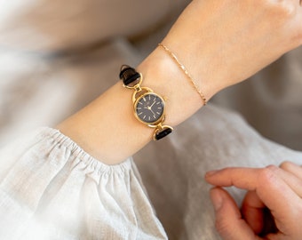 Women's Leather Watches - Small Round, Minimal Wristwatch, Stylish Retro Timepiece
