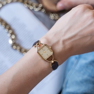Square Vintage Design Gold Watch for Women - Brown Leather Strap, Elegant Timepiece, BY M DEGREES
