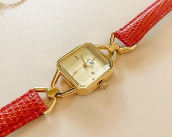 Womens Square Gold Watches - Ladies Red Leather Strap, Vintage Design Wristwatch, Elegant Gift For Her