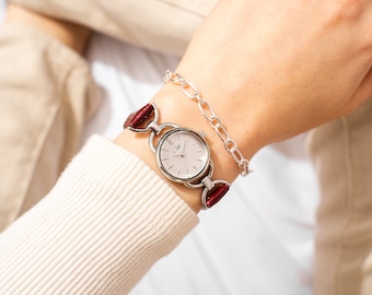 Vintage Design Round Face Women's Watch - Burgundy Leather Strap, Small Silver Ladies Round Watch, Elegant Accessory