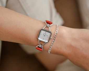 Square Silver Watches - Women's Leather Strap, Minimal Style Wristwatch, Stylish Retro Timepiece
