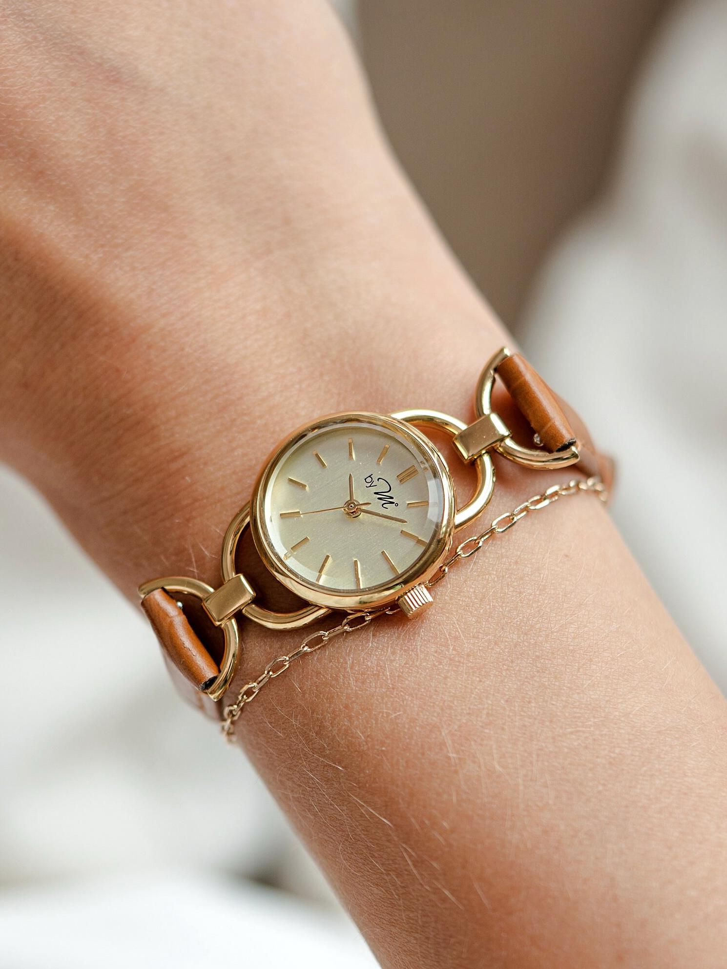 Vintage Style Gold Watch: Light Brown Leather Strap, Women's Jewelry Watch