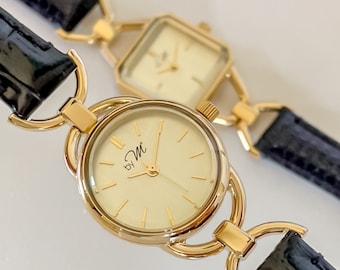Damen runde Lederuhren, Damen schwarzes Lederband, Damen goldene Armbanduhr, minimale Armbanduhr, kleine silberne Uhr
