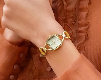 Petite Women's Watch, Tan Leather Strap, Gold Tone, Square Watch