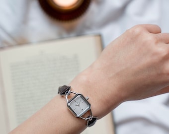 Women's Square Watch, Minimalist Design, Brown Leather Strap, Gold or Silver