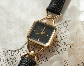 Petite Women's Watch, Black and Gold, Leather Strap, Elegant Dress Watch