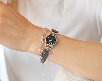 Women's Round Watches - Black Round Silver Wristwatches, Gray Leather Strap, Vintage Design