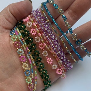 Dainty Bead Flower Bracelet Delicate Handmade Stacked Three in one Jewelry Set