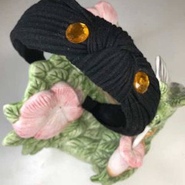 Hair Accessory -Top Knotted Fancy Turban Headband - Black Ribbed Fabric - Adorned Gold Rhinestones - For Women and Kids - Designed in U.S.A