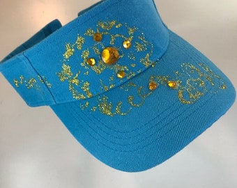 Hand-Painted Women's Sun Visor- Turquoise - Gold Motif Design With Rhinestone Accent - Designs by Andrea Rose®