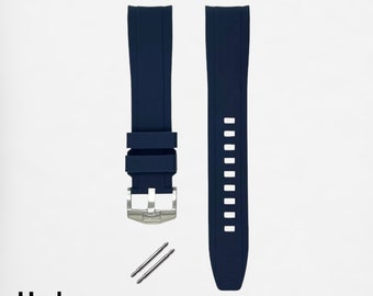 Correa de caucho de lujo HORLOGEAR (Classic Navy) para Swatch MoonSwatch Omega Speedmaster Moonwatch con hebilla plateada.