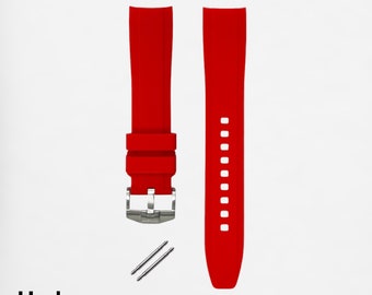 HORLOGEAR (Pure Red) Luxury Rubber Watch Strap Band for Swatch MoonSwatch Omega Speedmaster Moonwatch SILVER BUCKLE