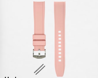 HORLOGEAR (Powder Pink) Luxury Rubber Watch Strap Band for Swatch MoonSwatch Omega Speedmaster Moonwatch SILVER BUCKLE