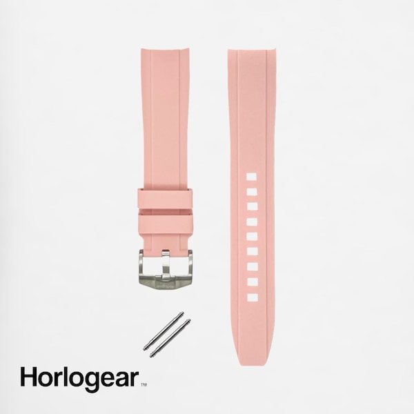 HORLOGEAR (Powder Pink) Luxury Rubber Watch Strap Band for Swatch MoonSwatch Omega Speedmaster Moonwatch SILVER BUCKLE