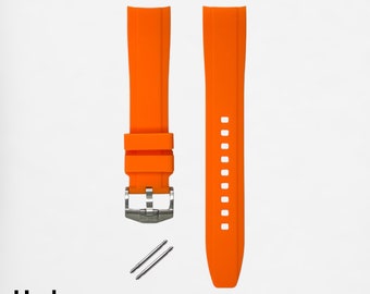 May include: Orange silicone watch strap with a silver buckle and spring bars. The strap has a smooth finish and is designed for a watch with a 22mm lug width.
