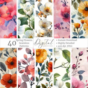 Spring Flowers Digital Watercolor Seamless Paper Commercial Use Floral Sublimation Spring Watercolor Flower Patterns Spring Floral Patterns