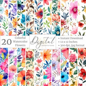 Watercolor Flowers Digital Printable Scrapbook Seamless Flora Pattern Scrapbook Paper Pack  20 Seamless Patterns Includes Commercial Use