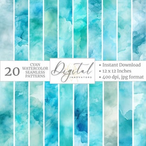 Cyan Teal Watercolor Texture Seamless Digital Paper Pack Printable Scrapbook Backgrounds 20 Patterns 400 dpi Digital Commercial Use