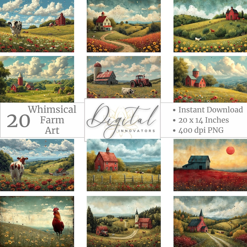 Digital Instant Download Whimsical Farm Scenes Whimsical Barns Animals ...