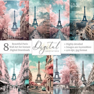 Paris Digital Wall Art Bundle von 8 Sofortiger Download Cyan und Pink Mädchen Schlafzimmer Wohnzimmer Europa Wand Kunst Dekor Kommerzielle Lizenz 400 dpi