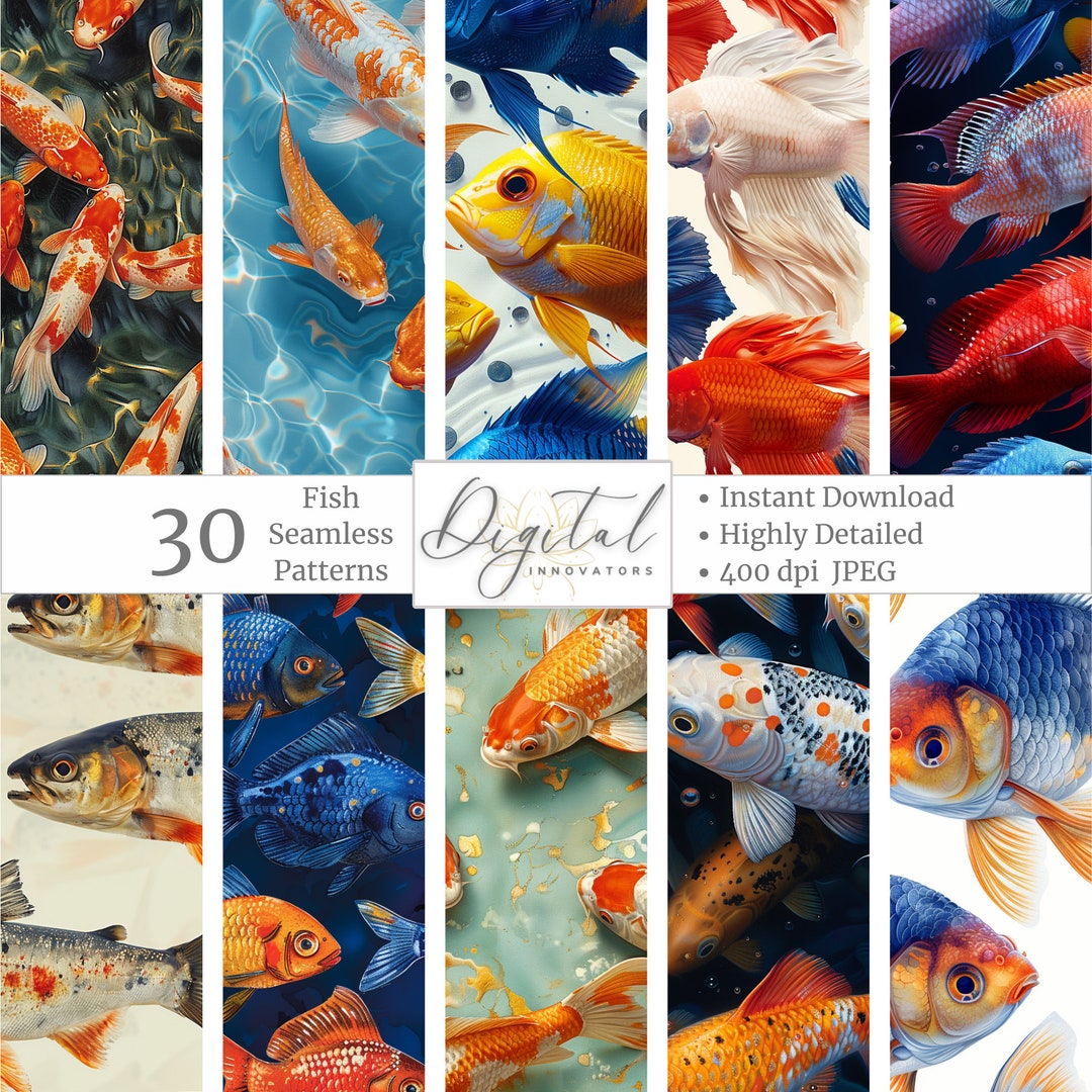 Fish Patterns Color Real Fish Watercolor and Realistic Seamless Patterns, Instant Download ...