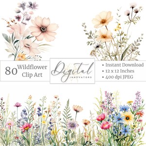 Wild Flowers Watercolor Floral Clip Art Wedding Greeting Thank You Cards Floral Borders Planners Stickers Journals Digital Wall Art Boho Art