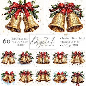 Christmas Bells Clipart Collection | Christmas Bells Print | Vintage Holiday | Watercolor Christmas Jingle Bells | Farmhouse Christmas Decor