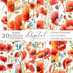 Watercolor Poppies Digital Printable Scrapbook 20 Seamless Patterns Paper Pack Vintage Designs Victorian Includes Commercial Use Journals