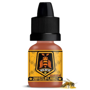 May include: A small brown glass bottle with a black dropper top. The label is yellow and features a bee illustration with the text "Royal Lady Bee" and "Jimerito Bee Honey - Pure - Natural - Authentic". The bottle contains 12 ml (0.4 fl oz) of honey.
