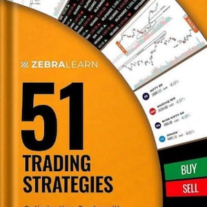 May include: A yellow book cover with the title "51 Trading Strategies" and the subtitle "Optimize Your Trades with 51 Time-Tested Strategies". The author's name is "Aseem Singhal". The cover also features a large number "51" and a chart with stock market data.