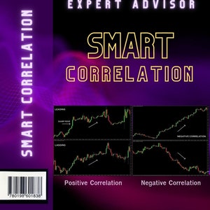 Peut inclure: Un graphique violet et noir avec le texte "SMART CORRELATION" et "EXPERT ADVISOR". Le graphique montre quatre graphiques avec des flèches indiquant une corrélation positive et négative.