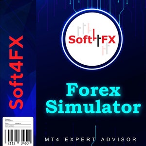 May include: A digital product advertisement with a dark blue background and neon blue text. The product name "Soft4FX" is in red and white. The text "Forex Simulator" is also displayed. Includes a barcode and the text "MT4 EXPERT ADVISOR".