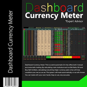 May include: A screenshot of a computer screen showing a trading platform with a green, red, and yellow title that reads "Dashboard Currency Meter *Expert Advisor". The platform displays a table of currency pairs with buy and sell signals, along with other trading data.