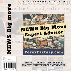May include: A yellow and black graphic with the text "NEWS Big Move Expert Advisor" and the website address "ForexFactory.com". The graphic is overlaid on a newspaper background with the text "MT4 EXPERT ADVISOR" and "NEWS Big move".