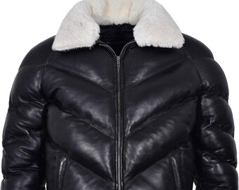 Leather Padded Puffer V-Bomber Style Jacket