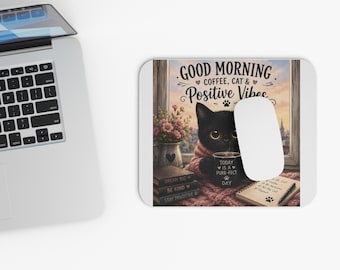 Good Morning Coffee Cat muismat | Gezellige zwarte bureaumat kitten
