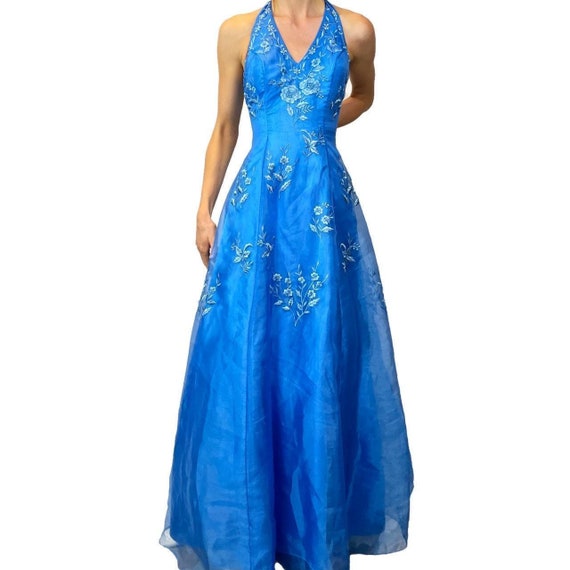 Vintage 1960s Aqua Blue Alyce Designs High Neck Formal Dress. 
