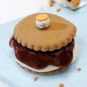 May include: A chocolate-filled s'more with a marshmallow and two graham cracker cookies. A small, brown and white character is on top of the top cookie.