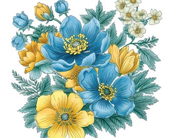 Blue and Yellow Spring Floral Bouquet Digital Clip Art, Digital Design ...