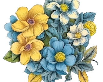 Blue and Yellow Spring Floral Bouquet Digital Clip Art, Digital Design ...