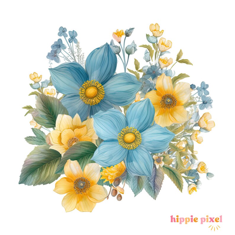 Blue and Yellow Spring Floral Bouquet Digital Clip Art, Digital Design ...