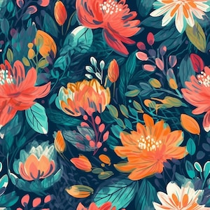Könnte beinhalten: Ein nahtloses Muster mit leuchtenden orangefarbenen, roten und weißen Blumen mit blaugrünen Blättern auf dunkelblauem Hintergrund.